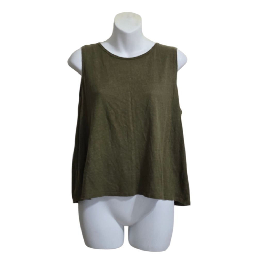 Eileen Fisher Crew Neck Sleeveless Boxy Linen Tank Top In Olive Sz XS